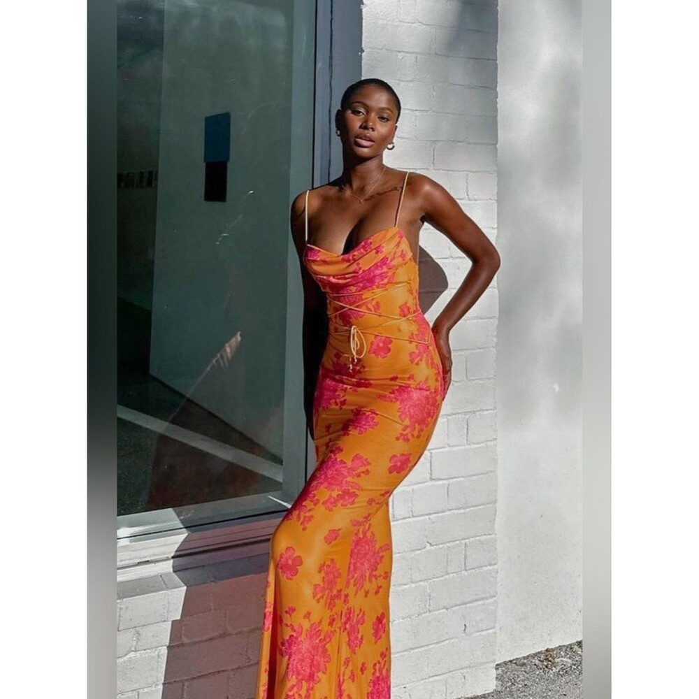 One and One Collective Teava Laced Waist Floral Orange Maxi Dress - S